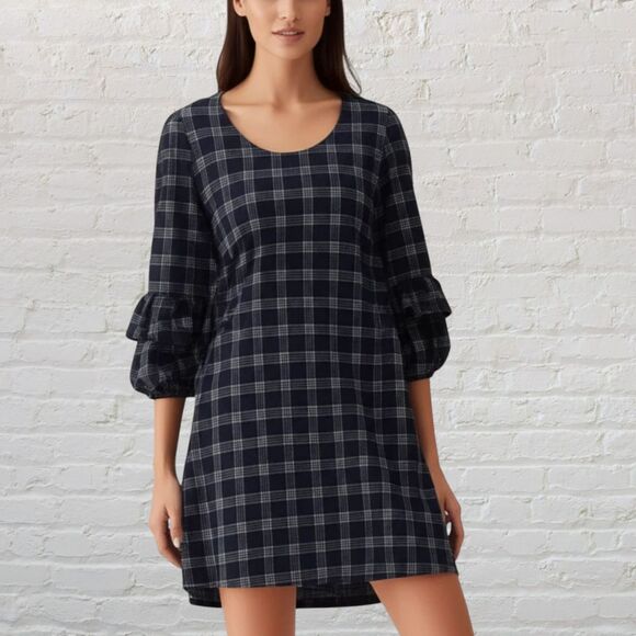 Wrap London Navy Plaid Balloon Sleeve Mini Dress L - Picture 1 of 14